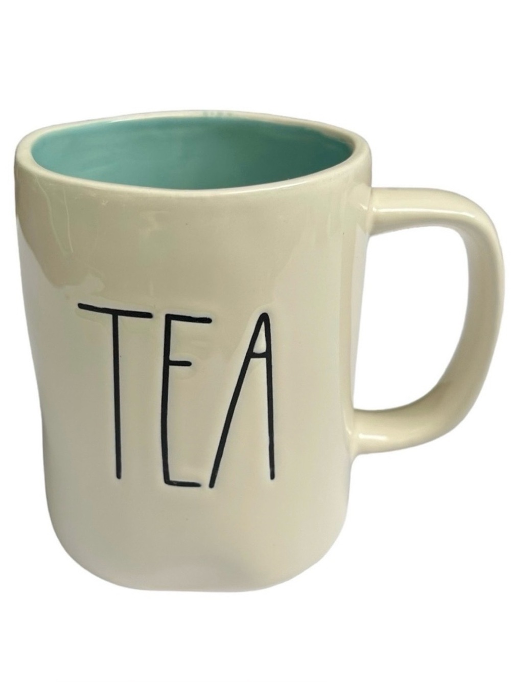 Rae Dunn TEA Mug White Teal Interior Black Large Letter Dimples NWT 2017 OG